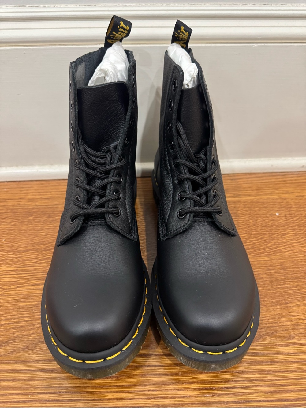 Dr. Martens Black Leather Lace-Up Boots with Yellow Stitching